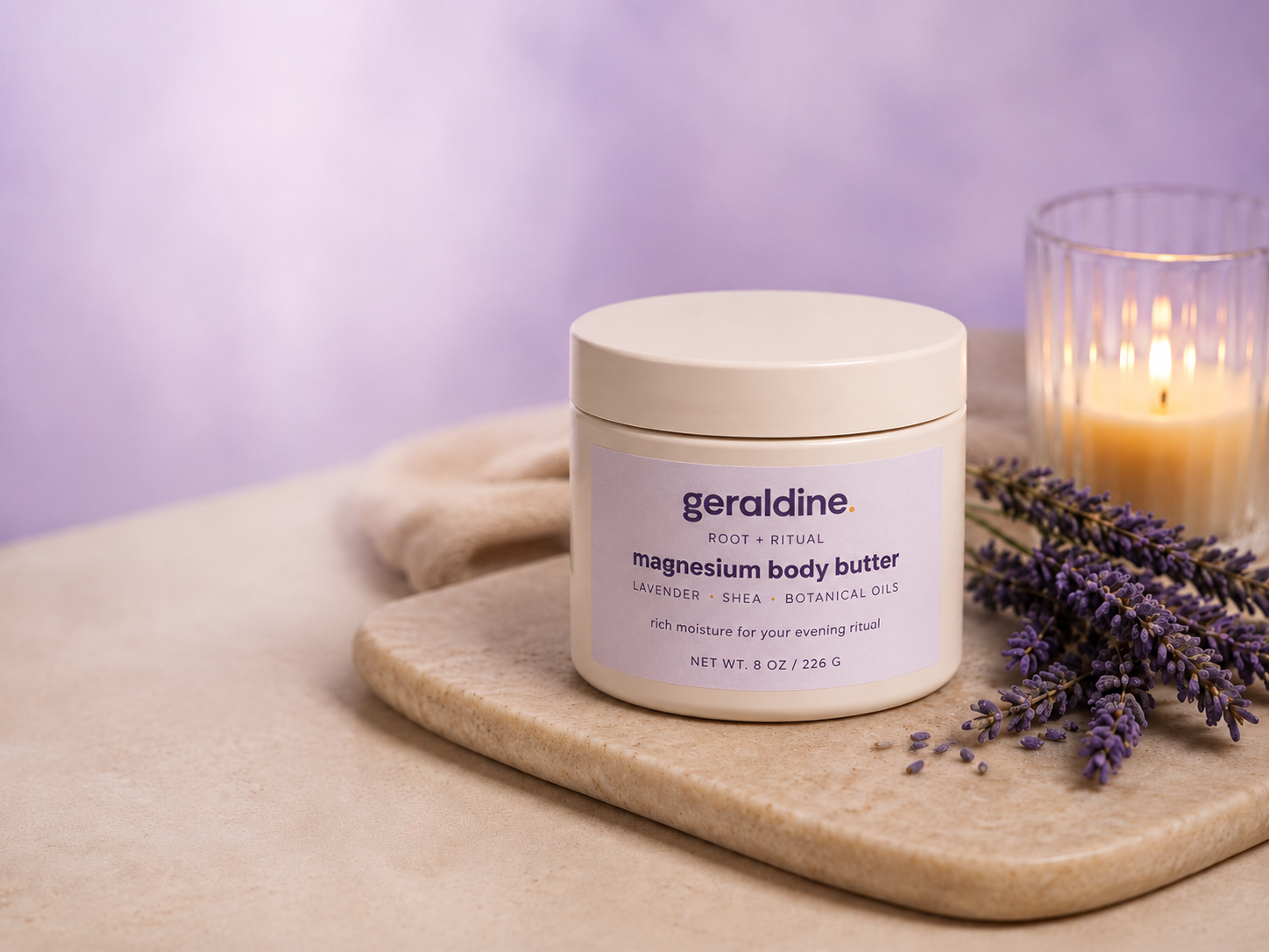 Geraldine magnesium body butter with lavender and candle